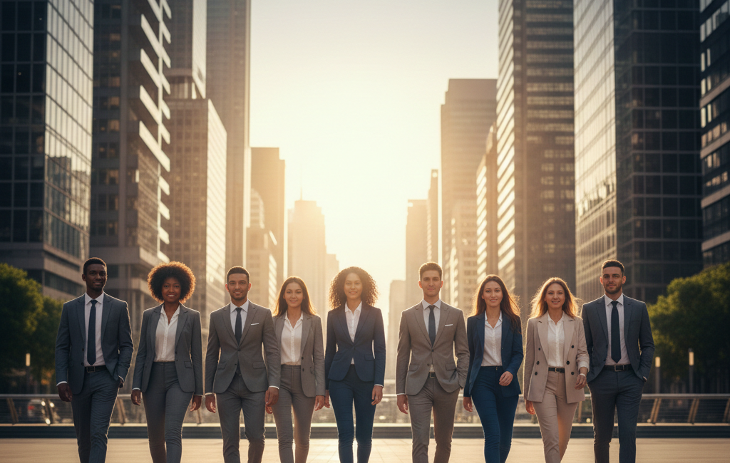 A diverse group of young professional men and women in business attire walking confidently together through a modern South African city square at sunset.