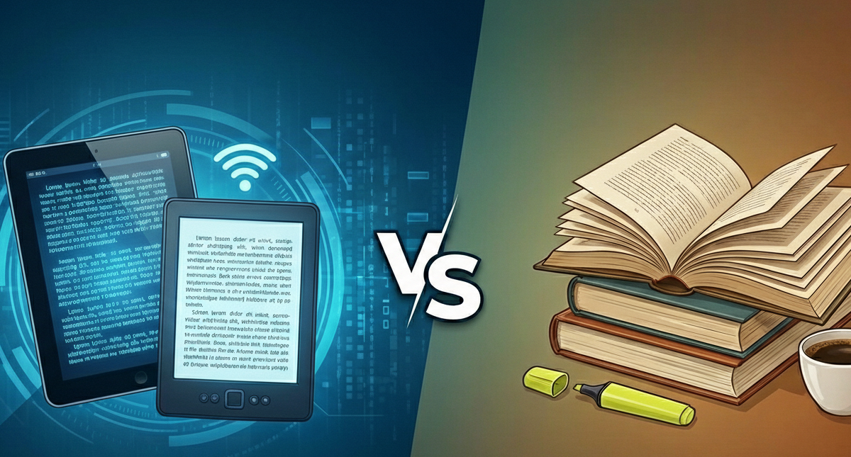 A comparison of digital e-readers on a blue tech background versus a stack of physical textbooks with a cup of coffee and a highlighter on a warm background, featuring a "VS" logo in the center.