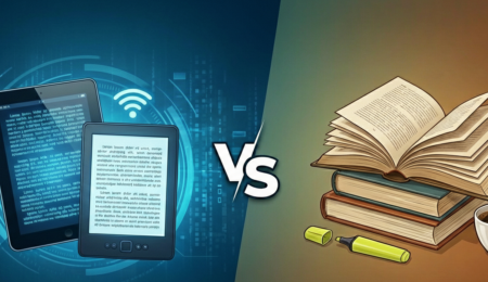 A comparison of digital e-readers on a blue tech background versus a stack of physical textbooks with a cup of coffee and a highlighter on a warm background, featuring a "VS" logo in the center.